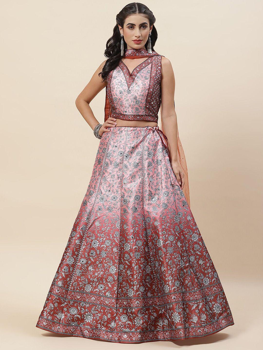 meena bazaar printed mirror work ready to wear lehenga & blouse with dupatta