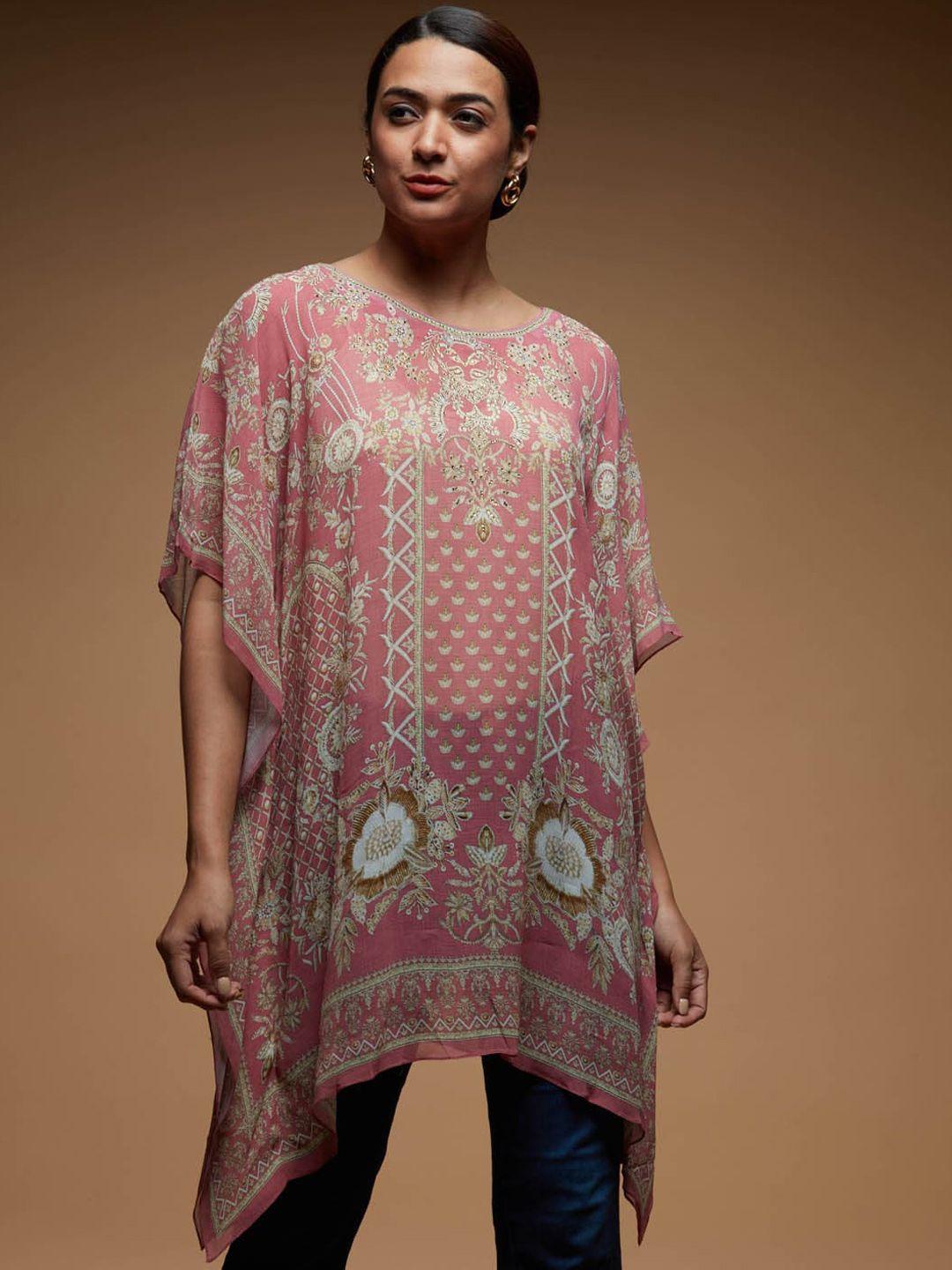 meena bazaar printed round neck flared sleeves georgette kaftan kurti