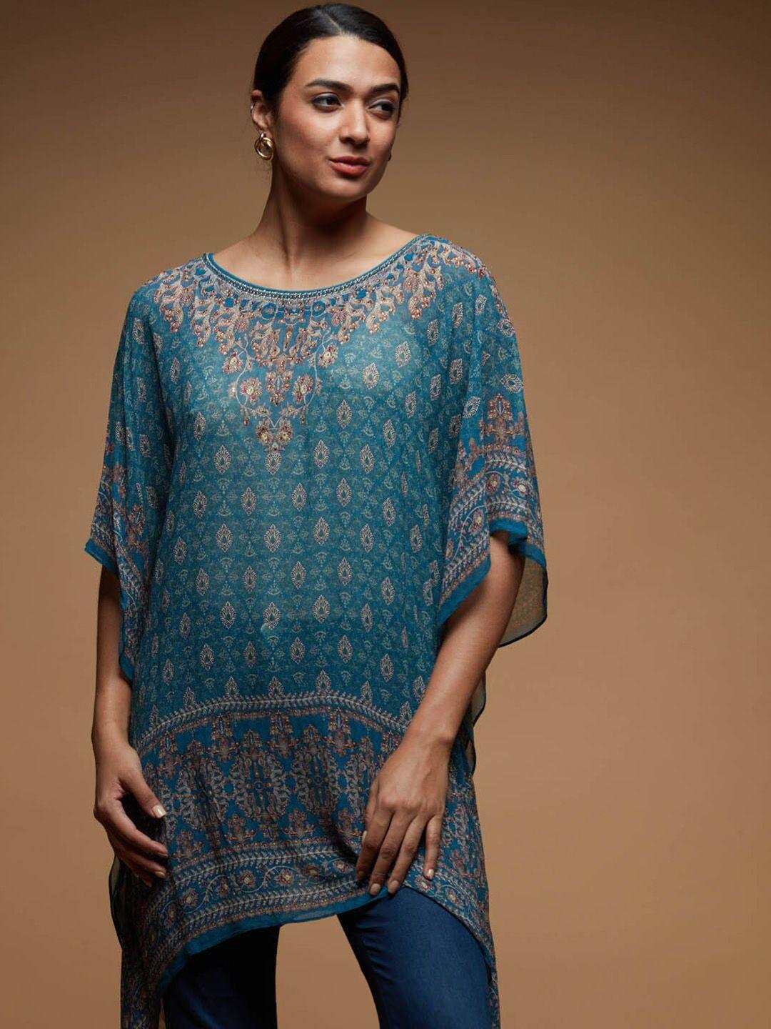 meena bazaar printed round neck flared sleeves georgette kaftan kurti