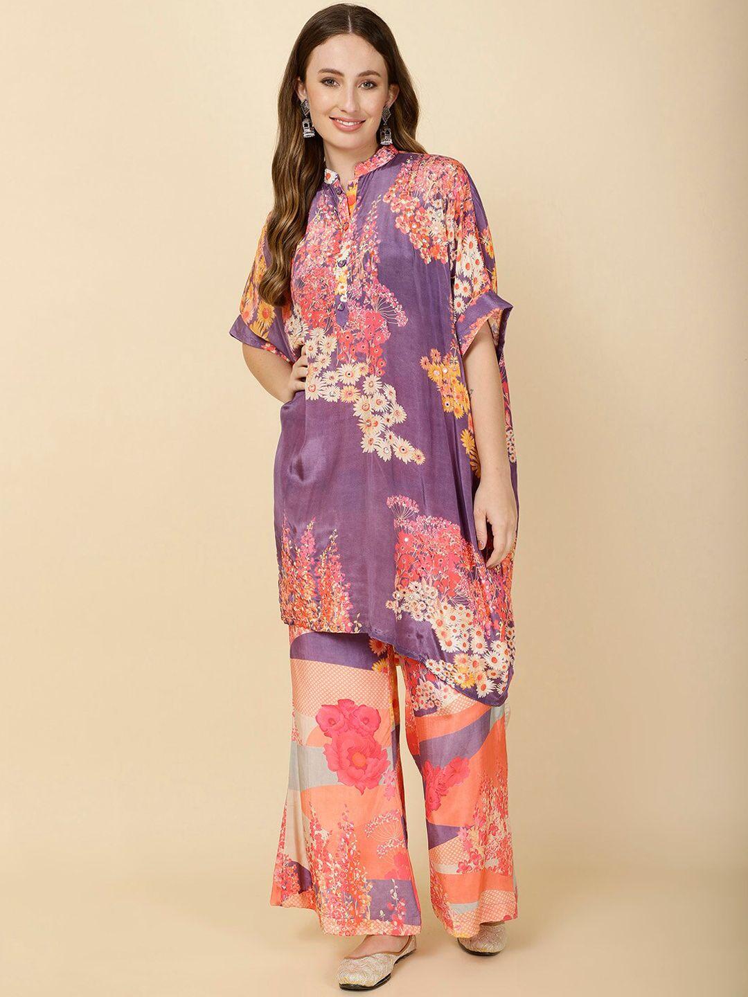 meena bazaar purple printed crepe kurta set