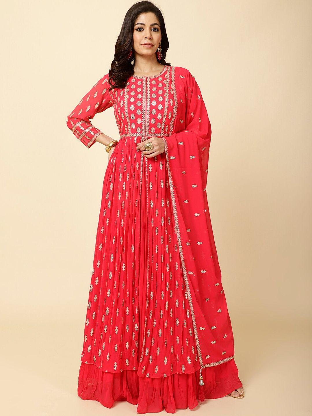 meena bazaar round neck ethnic motifs empire kurta with skirt & with dupatta