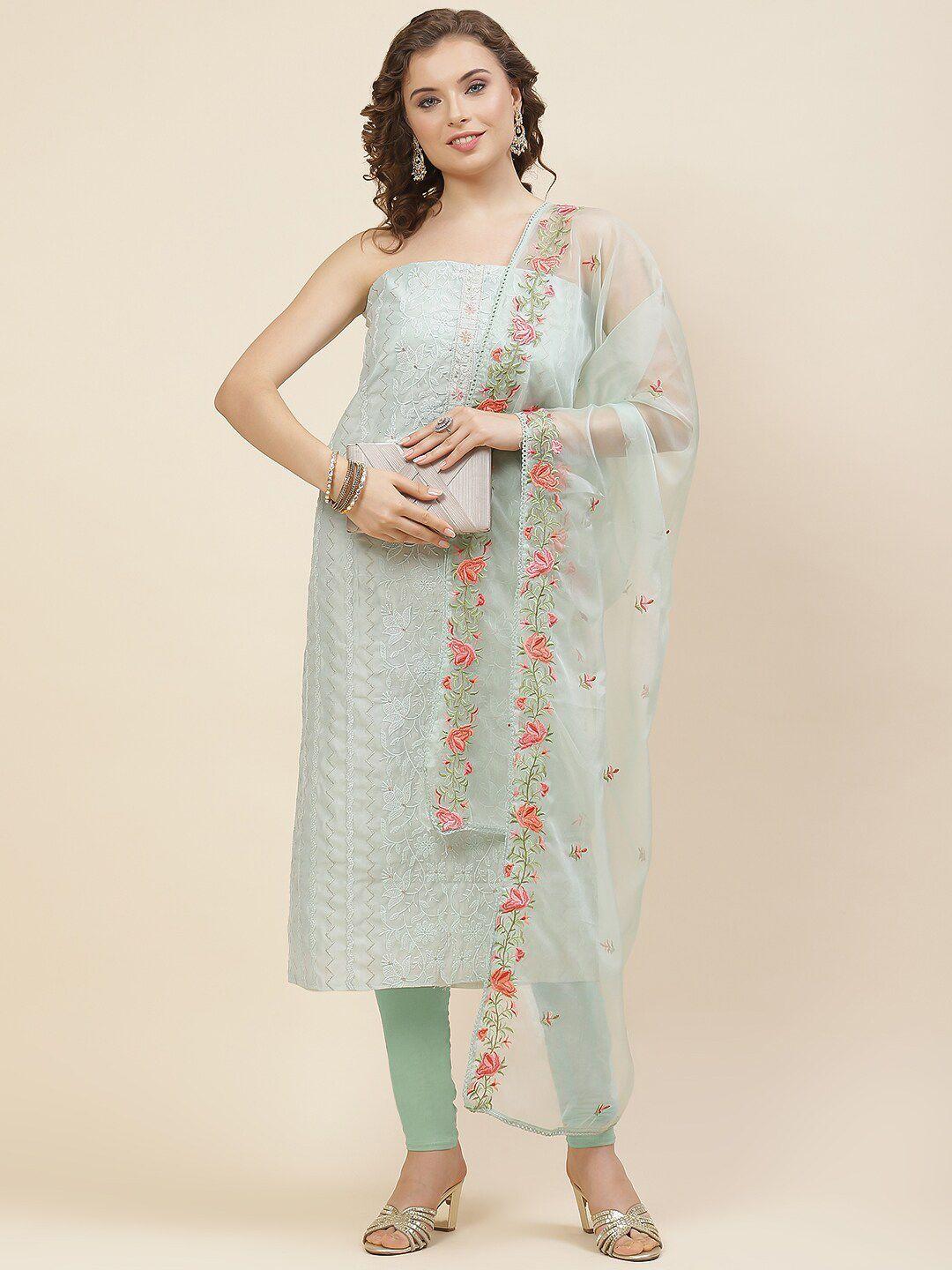 meena bazaar sea green & red embroidered art silk unstitched dress material