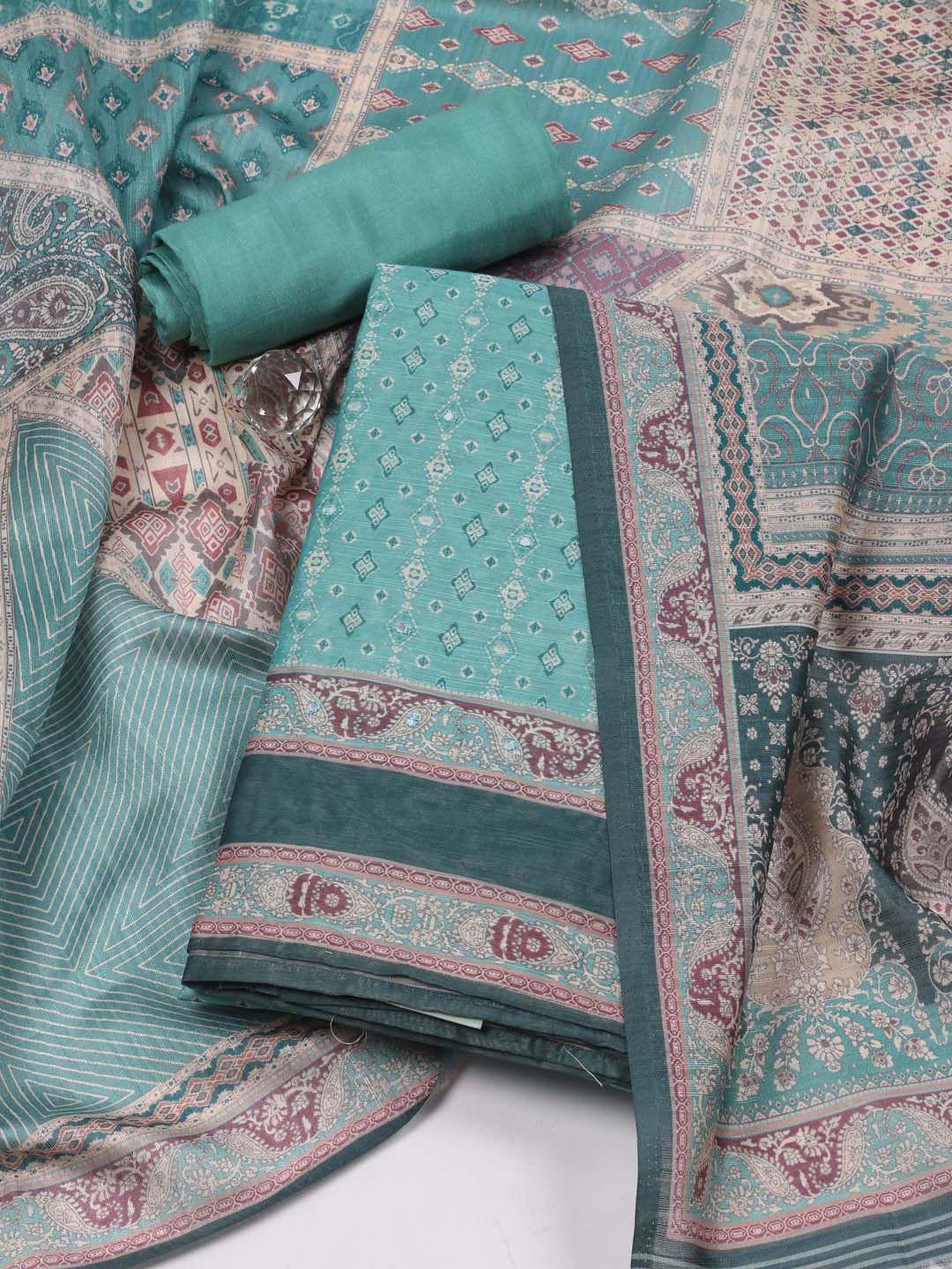 meena bazaar sea green printed art silk unstitched dress material