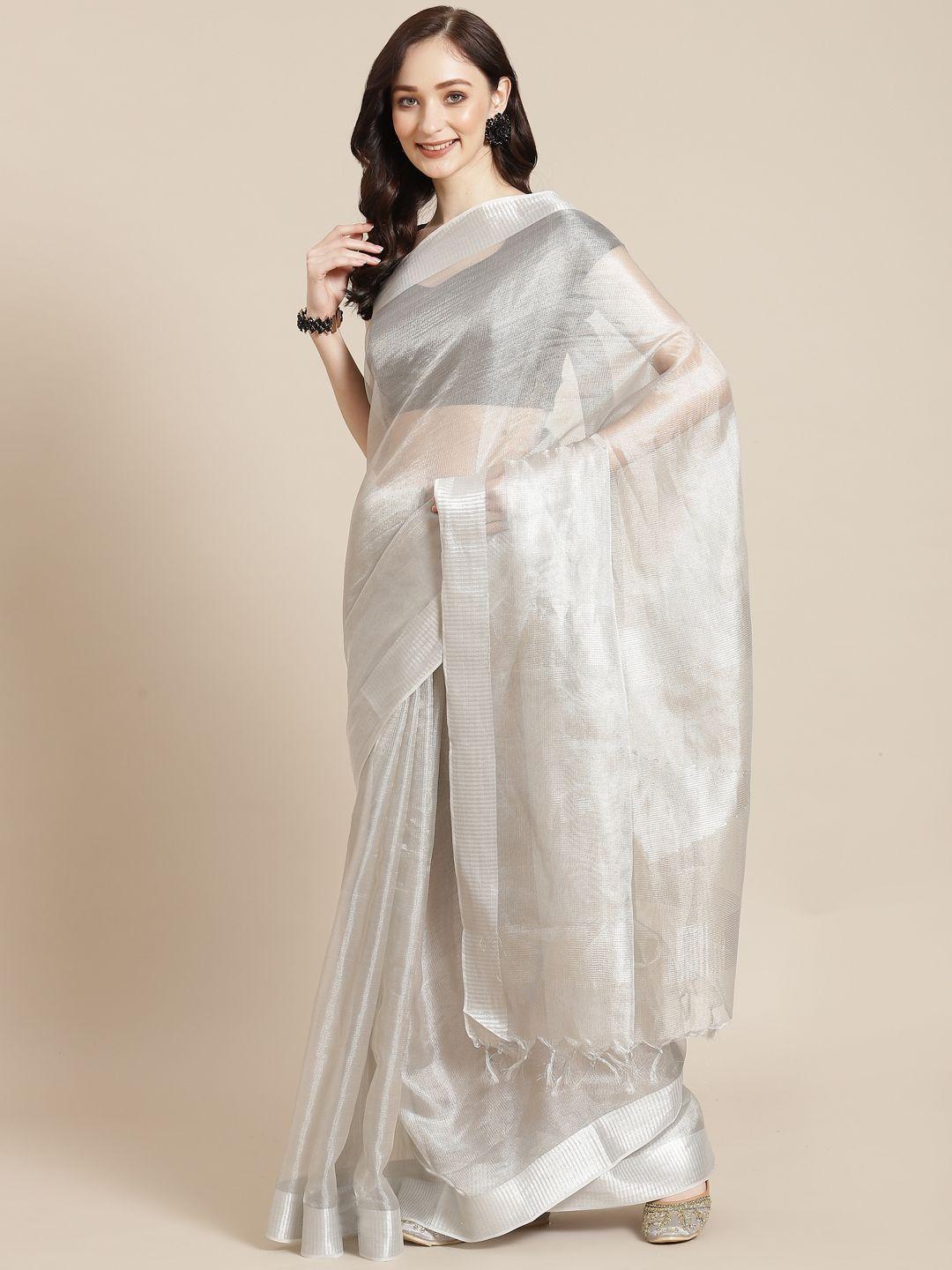 meena bazaar silver-toned tissue banarasi saree