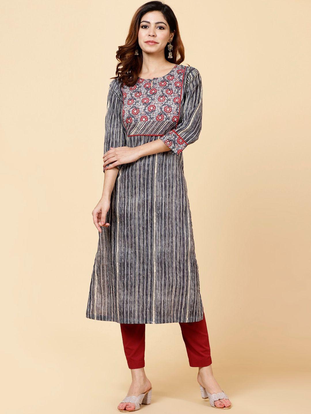 meena bazaar striped keyhole neck thread work cotton straight kurta