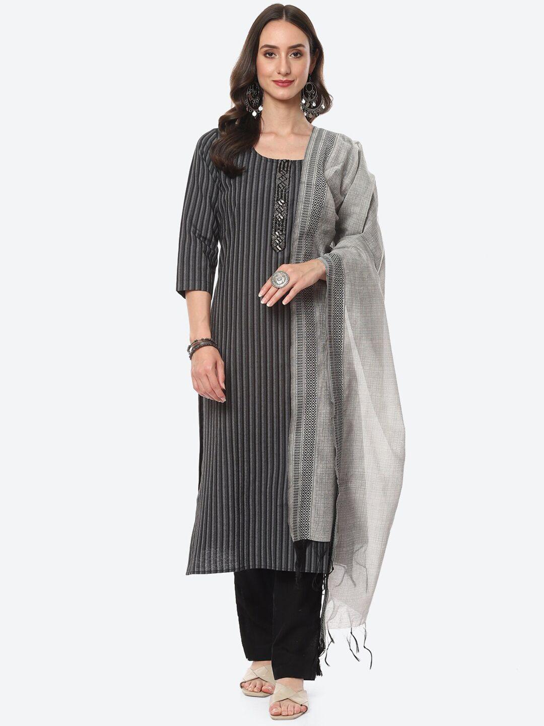 meena bazaar women black & grey printed pure cotton unstitched dress material