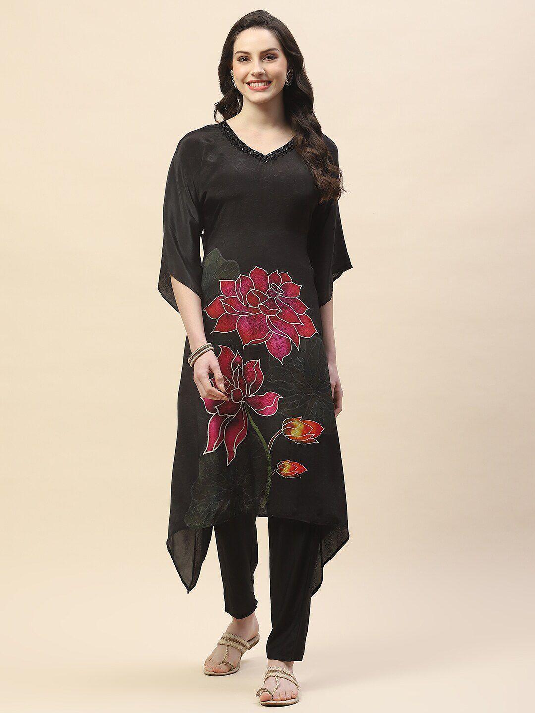 meena bazaar women black floral printed regular kurta with trousers