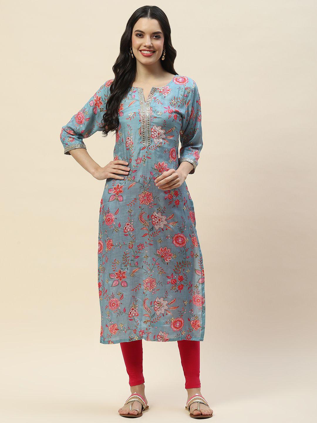 meena bazaar women blue floral printed flared sleeves sequinned kurta