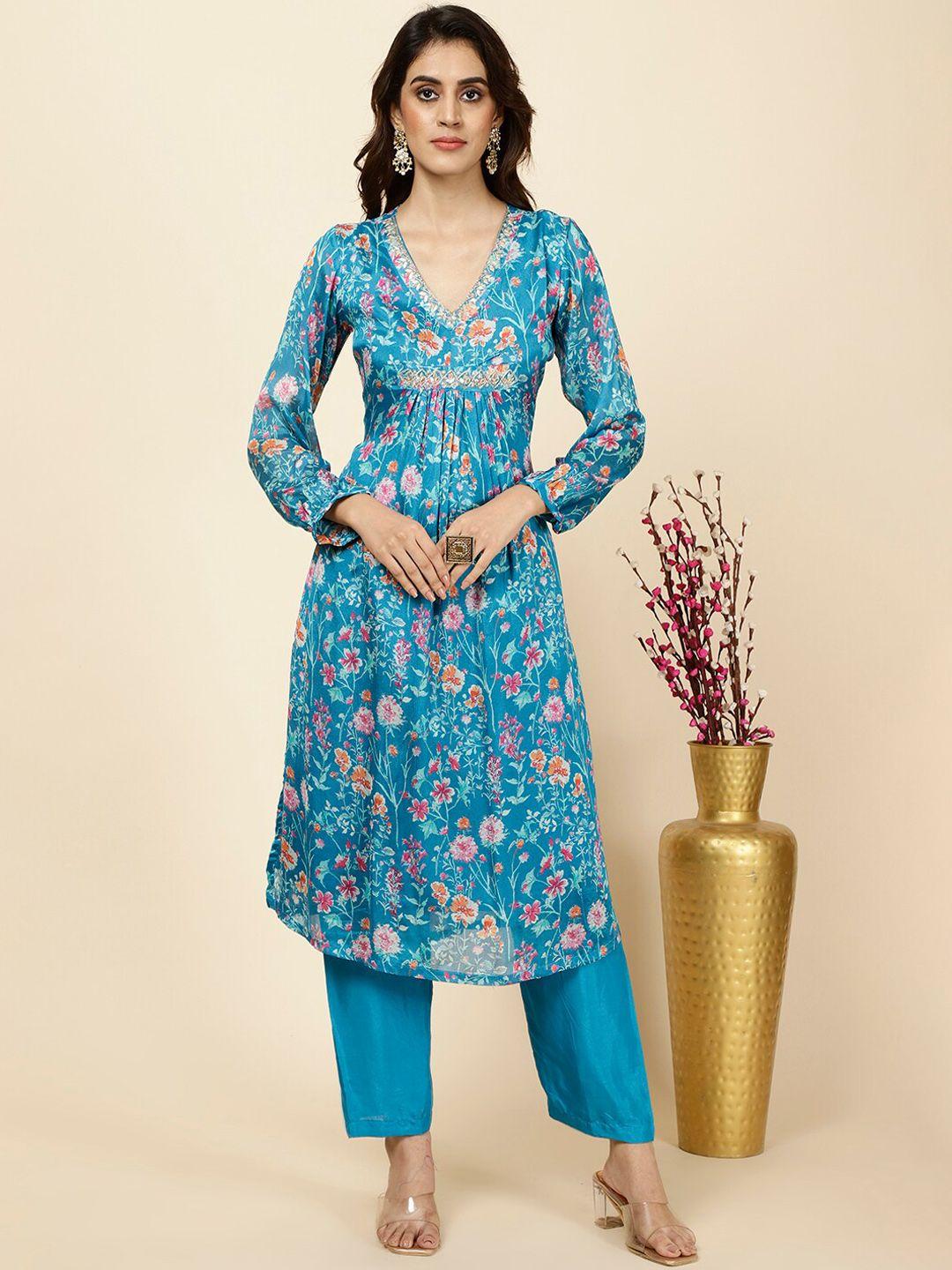 meena bazaar women blue printed kurta with trousers