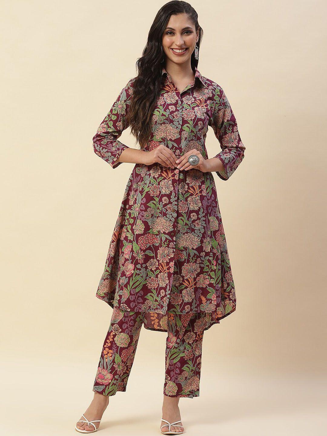 meena bazaar women burgundy printed kurta with trousers