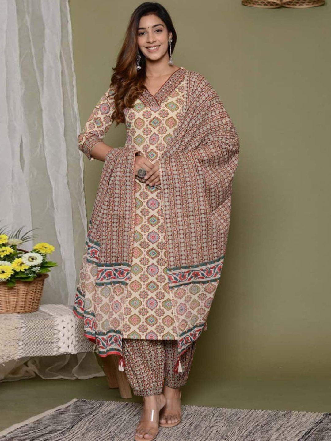 meena bazaar women cream-coloured ethnic motifs printed regular kurta with salwar & with dupatta