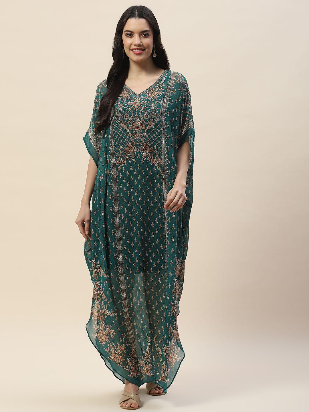 meena bazaar women green embroidered flared sleeves georgette kaftan kurta