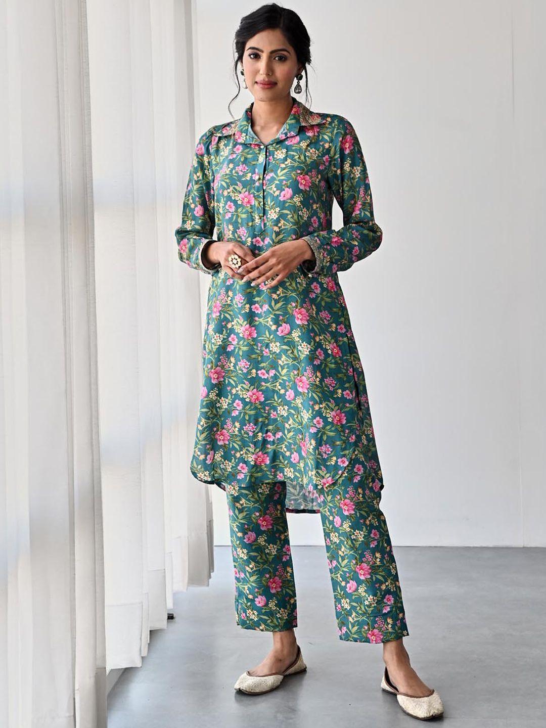 meena bazaar women green floral printed regular kurta with trousers