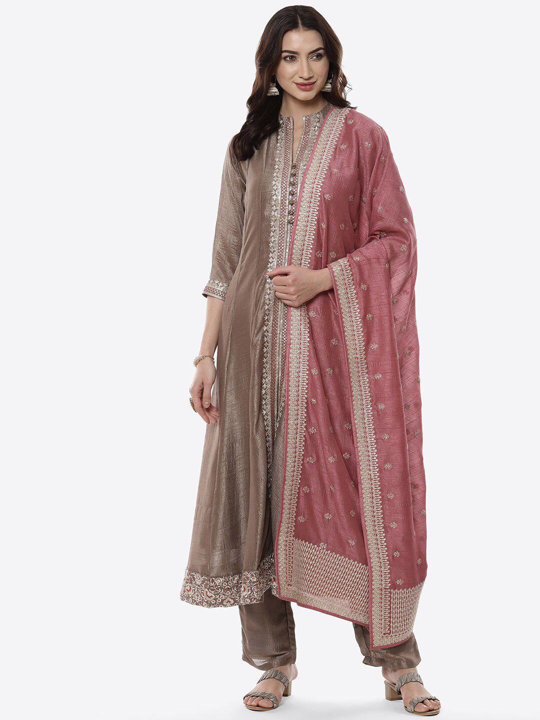 meena bazaar women grey embroidered kurta & trousers with dupatta