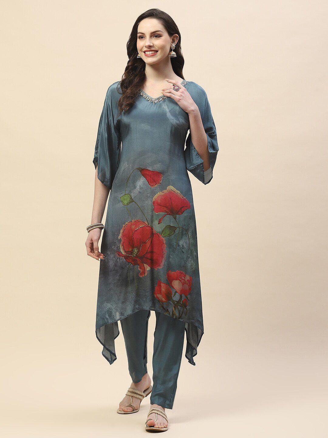 meena bazaar women grey floral printed regular kurta with trousers