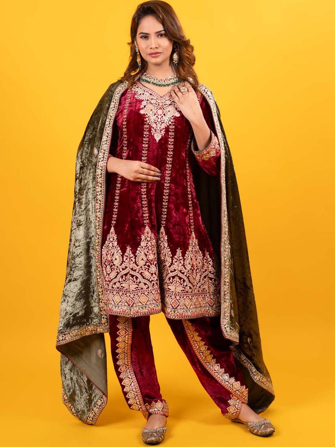 meena bazaar women maroon embroidered velvet kurti with dhoti pants & with dupatta