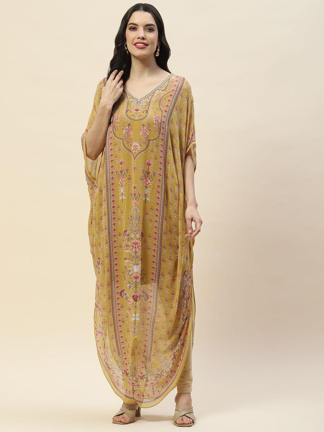 meena bazaar women mustard yellow geometric embroidered flared sleeves georgette kaftan kurta