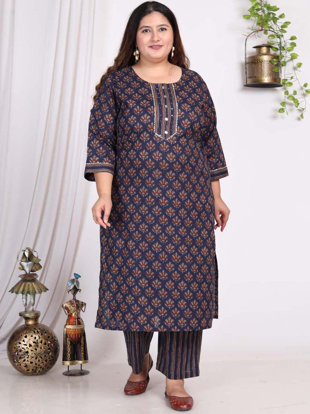 meena bazaar women navy blue printed kurta with palazzos & with dupatta