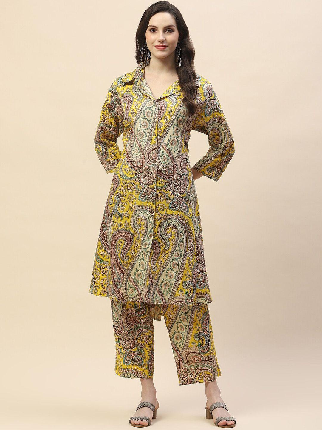 meena bazaar women paisley print shirt collar regular kurta & trousers set