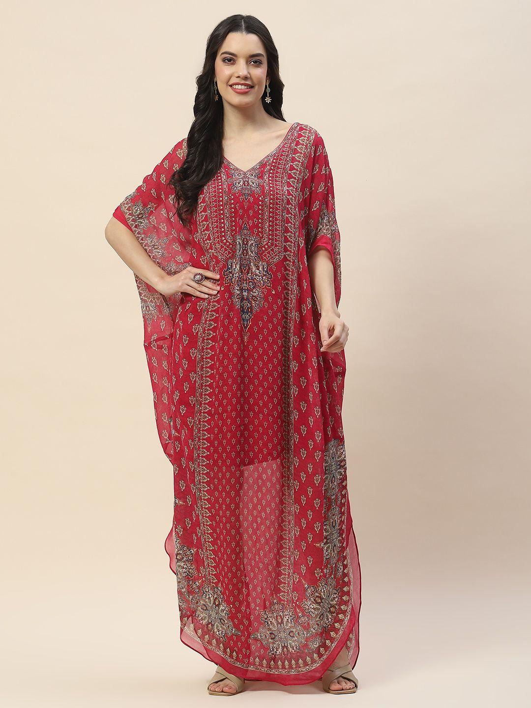 meena bazaar women pink ethnic motifs printed flared sleeves sequinned georgette kaftan kurta