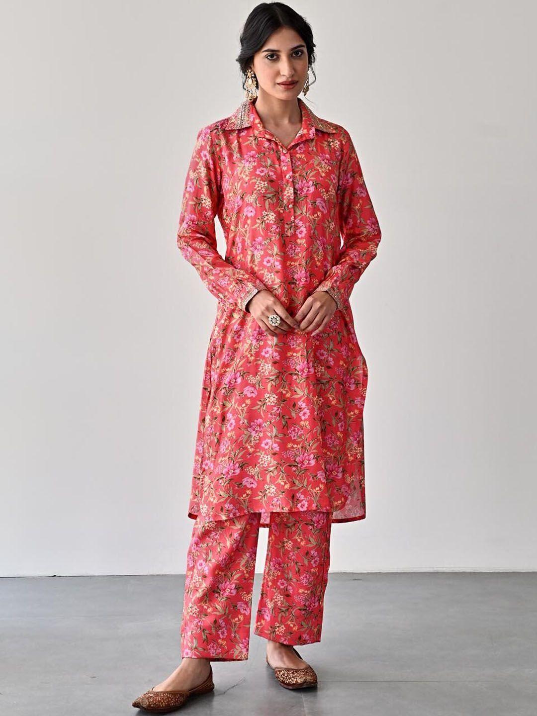 meena bazaar women pink floral printed regular kurta with trousers