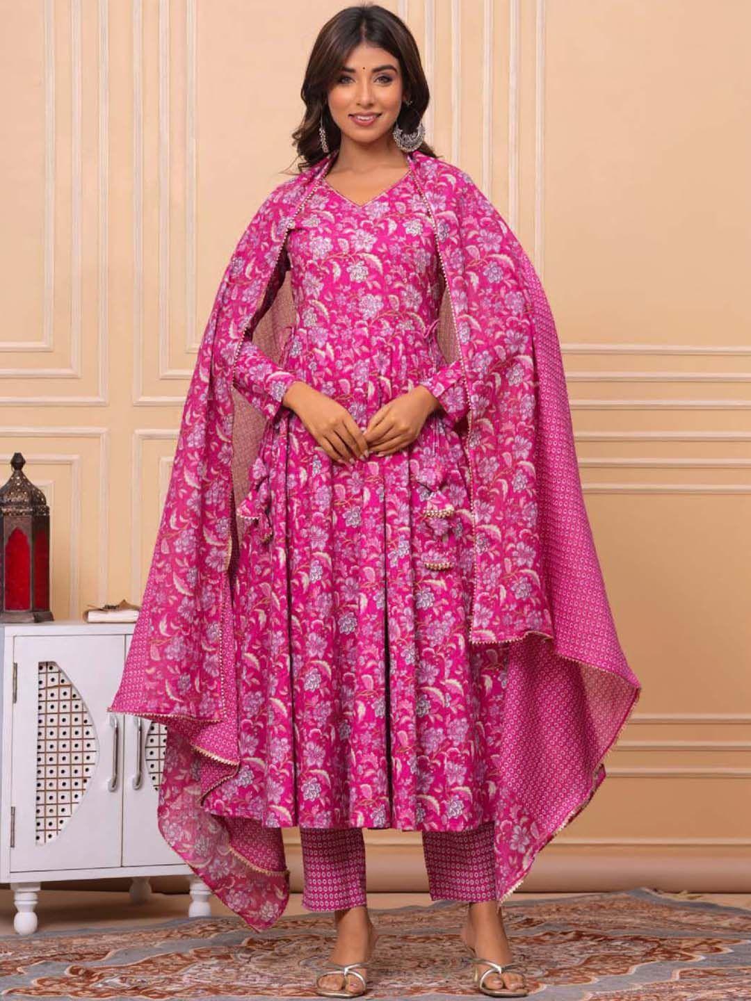 meena bazaar women pink printed kurta with trousers & with dupatta