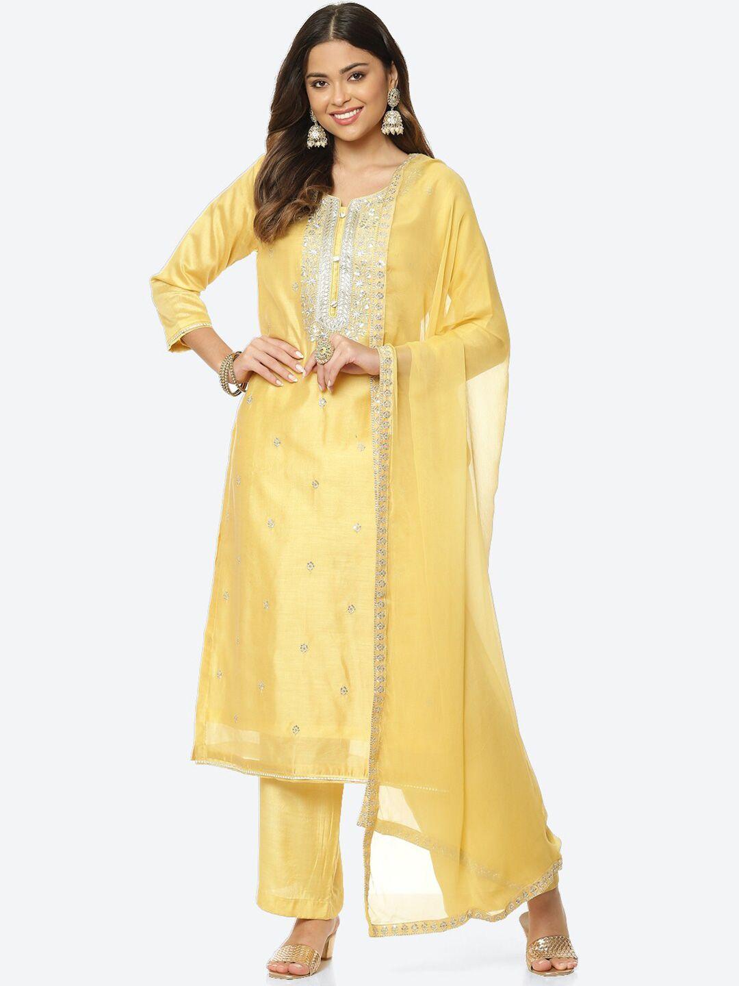 meena bazaar women yellow & silver-toned embroidered unstitched dress material