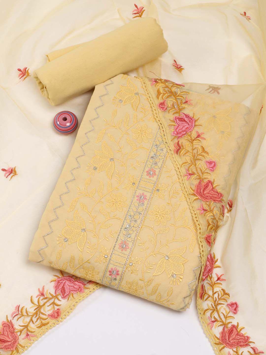 meena bazaar yellow & pink embroidered art silk unstitched dress material