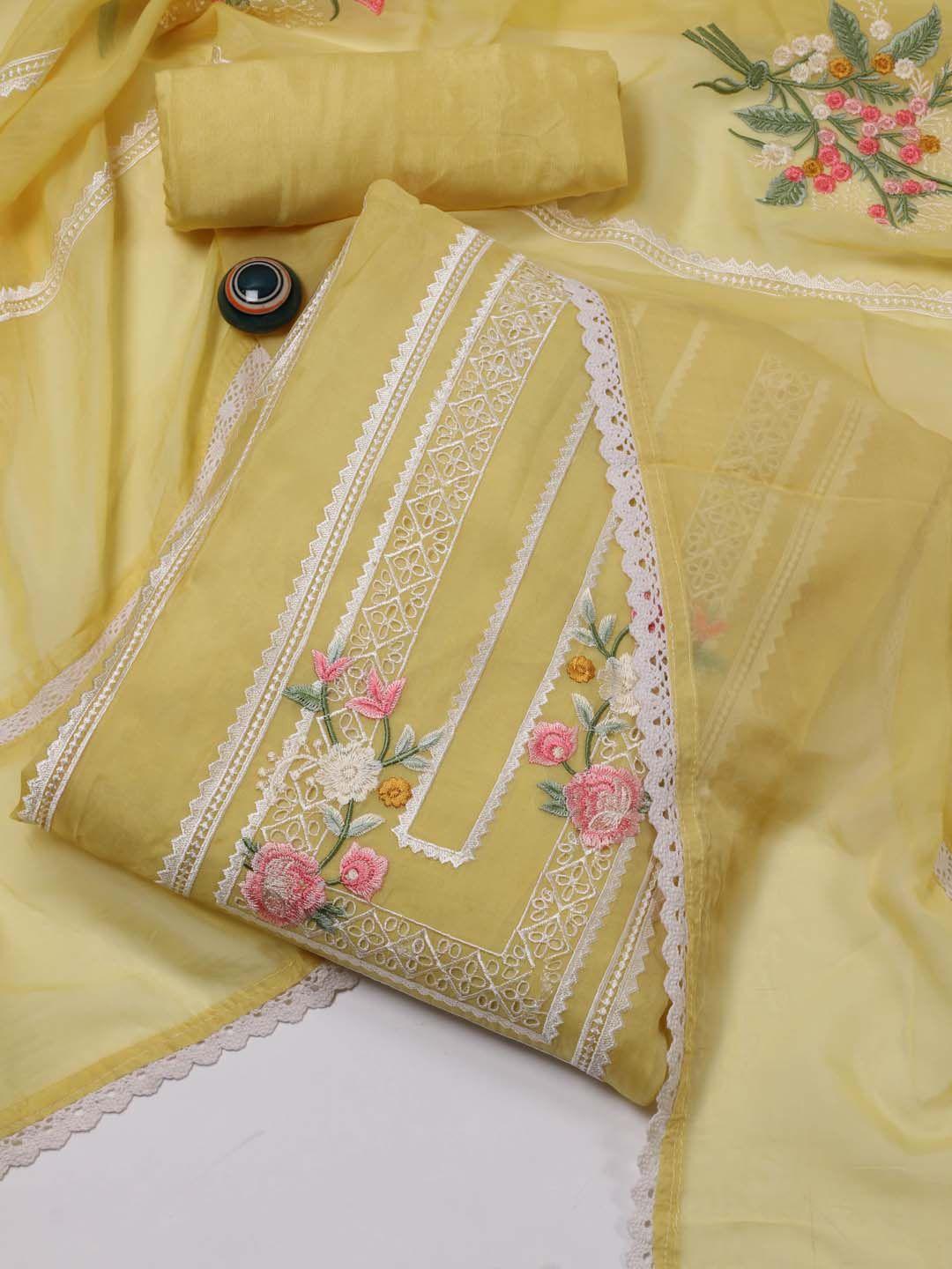 meena bazaar yellow & pink printed organza unstitched dress material