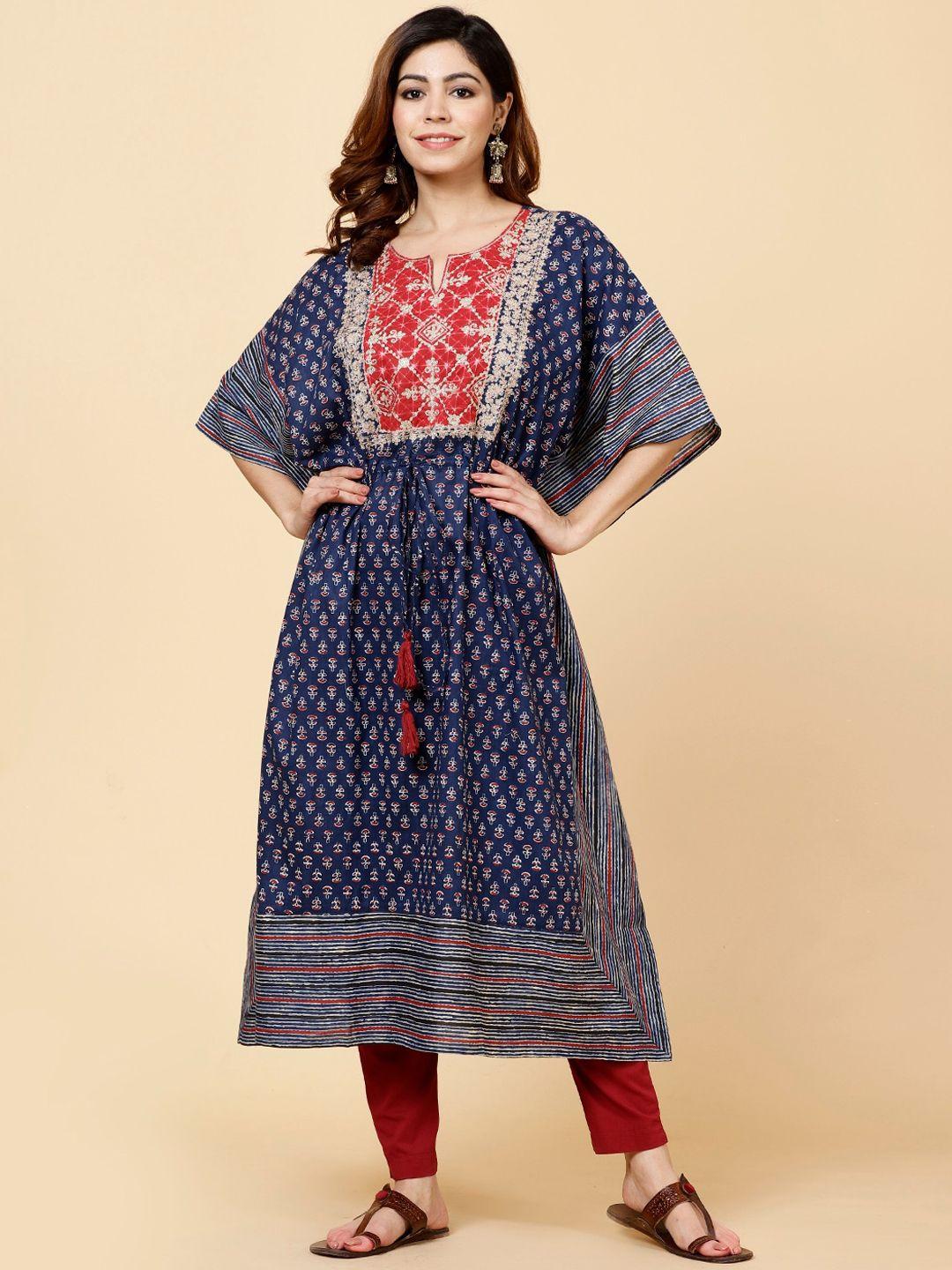 meena bazaar yoke design ethnic motif printed thread work cotton kaftan kurta