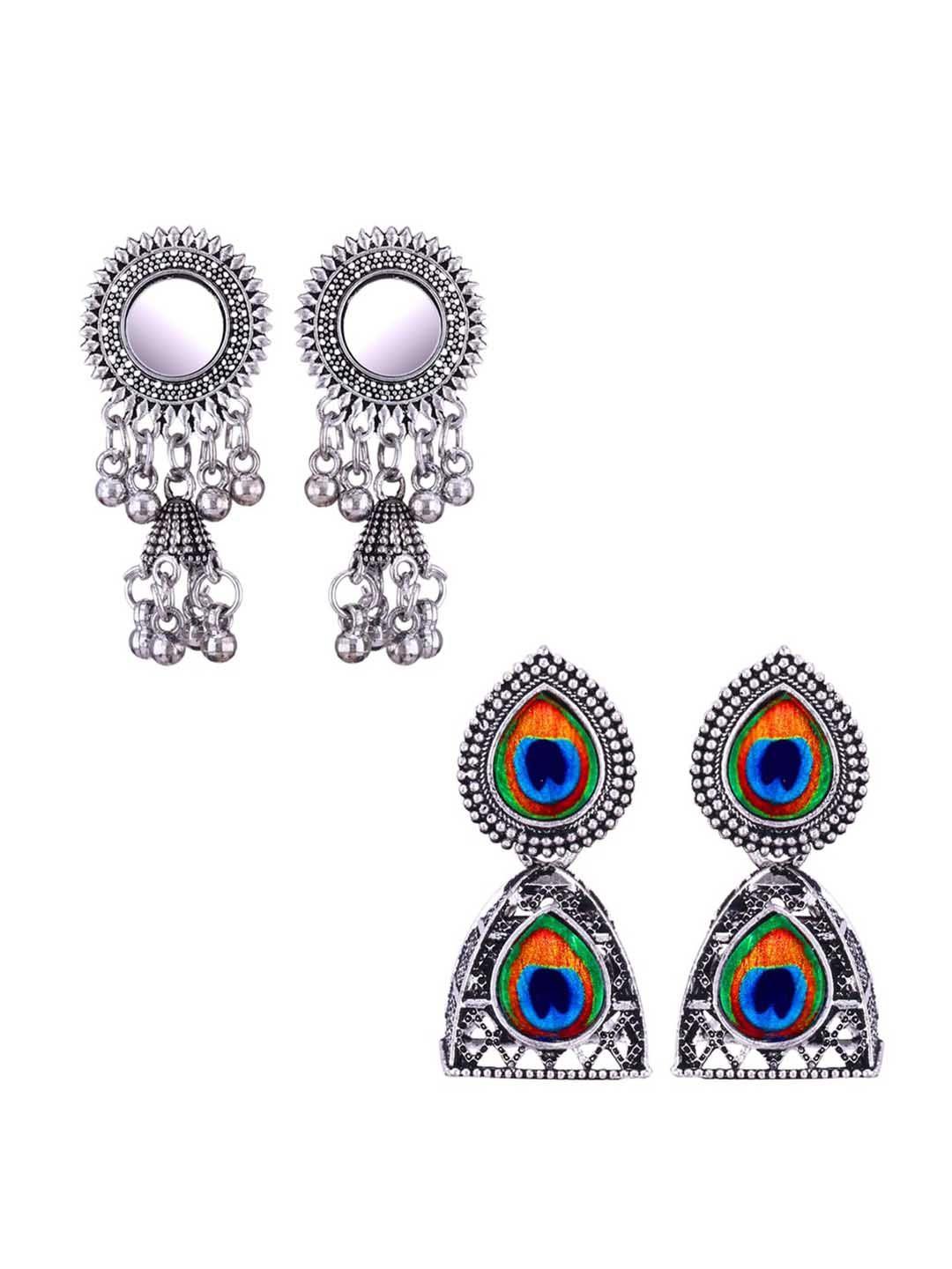 meenaz set of 2 silver-plated peacock shaped jhumkas