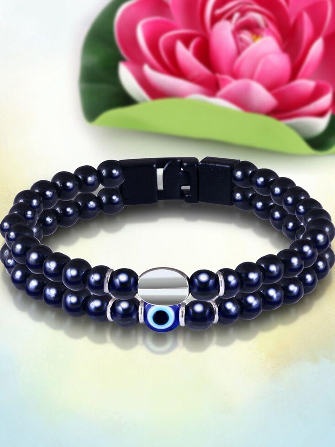 meenaz silver-plated leather evil eye beaded link bracelet