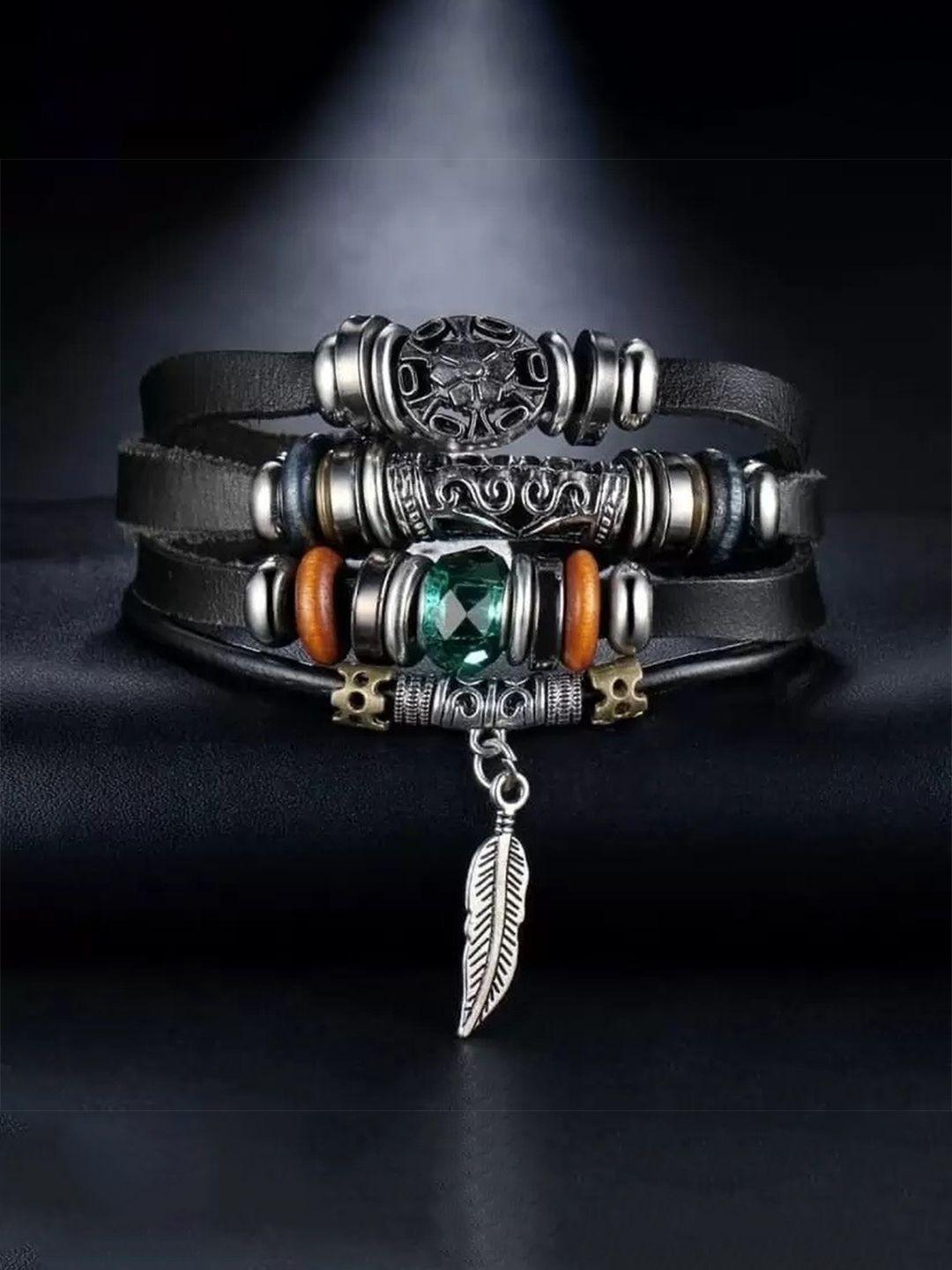 meenaz unisex leather oxidised silver-plated beaded multistrand bracelet