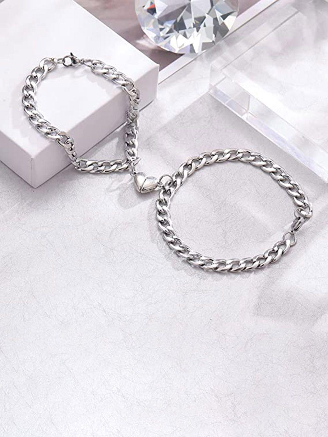 meenaz unisex set of 2 silver-plated couple magnet link bracelets