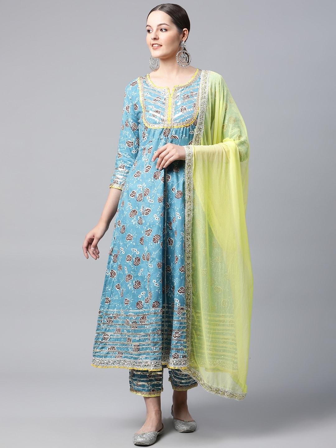 meera fab women blue floral printed empire pure cotton kurta with trousers & dupatta
