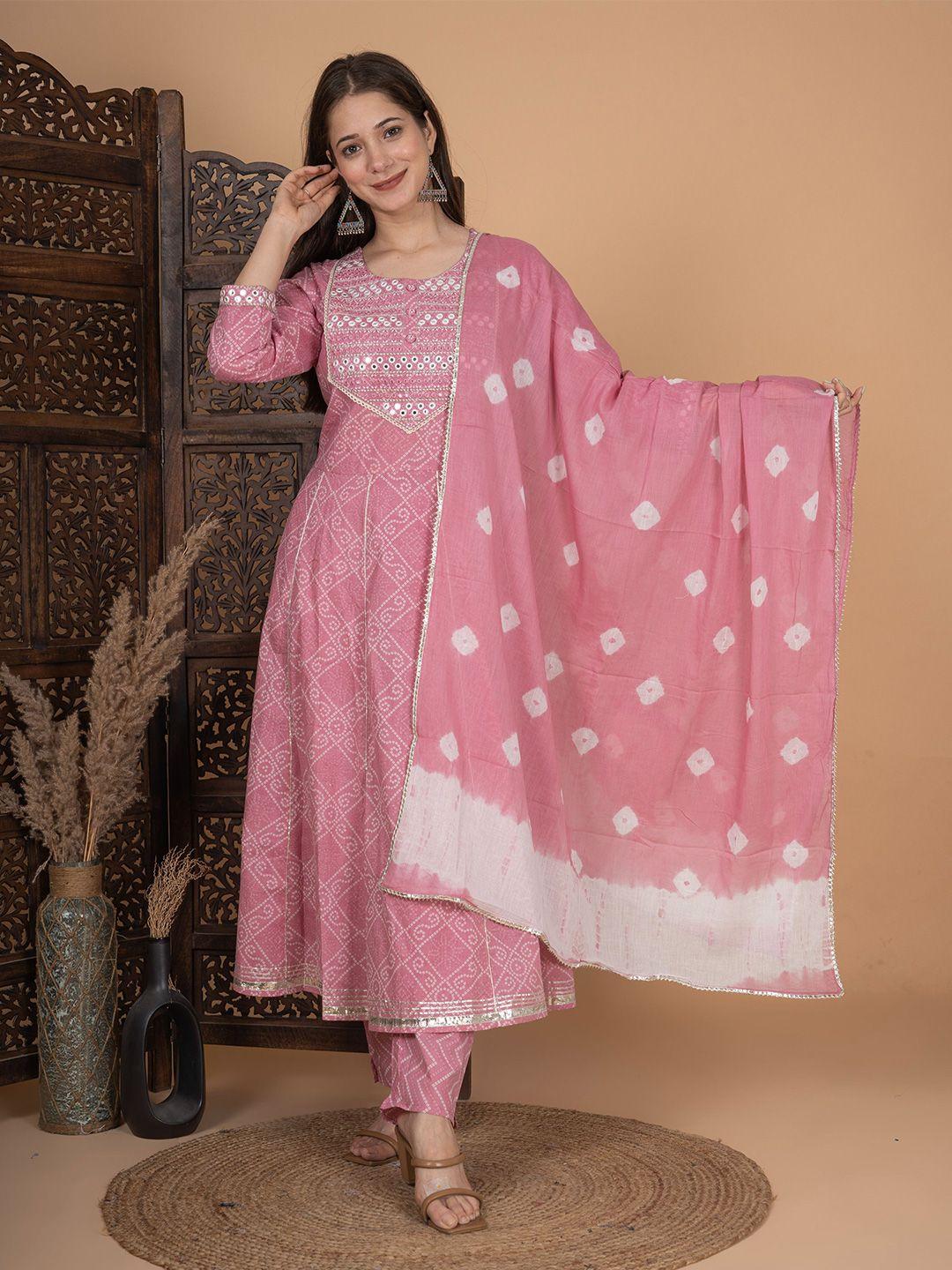 meera fab bandhani printed empire mirror work pure cotton kurta with trousers & dupatta