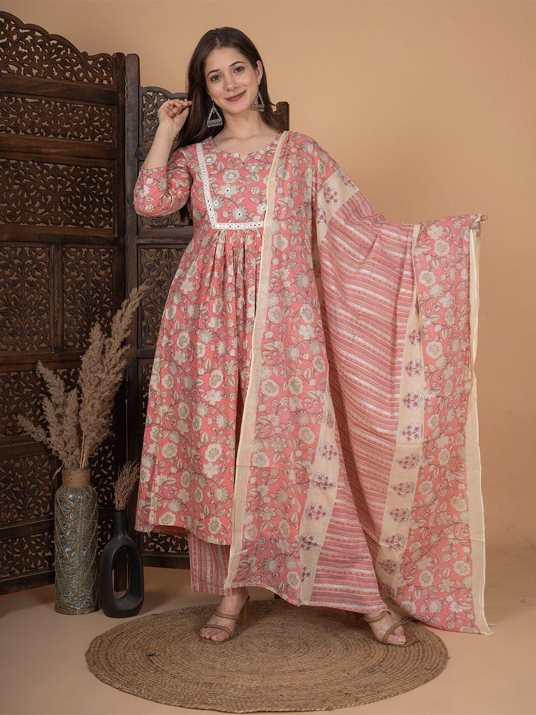 meera fab floral printed pure cotton kurta with palazzos & dupatta