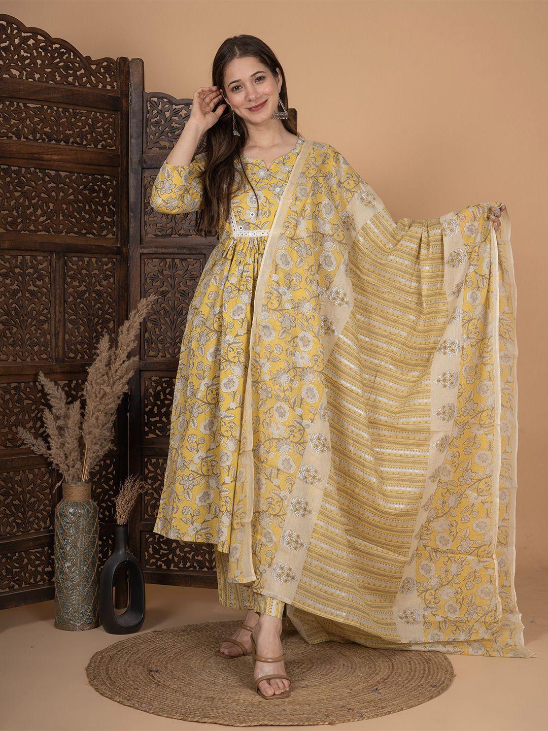 meera fab floral printed pure cotton kurta with trousers & dupatta