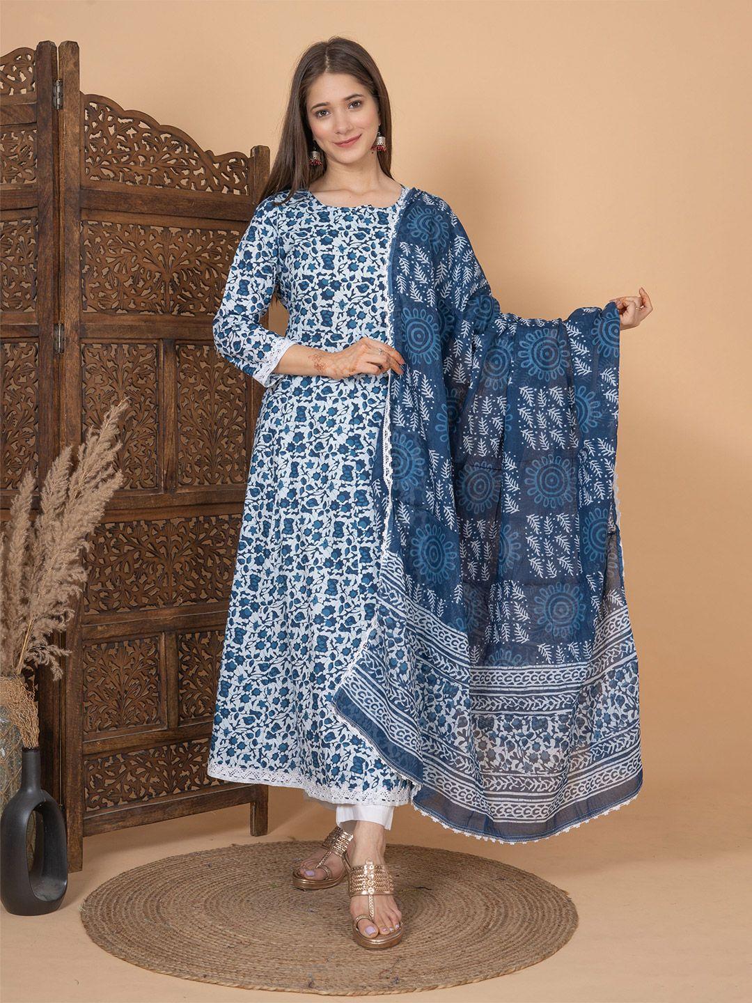 meera fab floral printed thread work pure cotton anarkali kurta with palazzo & dupatta