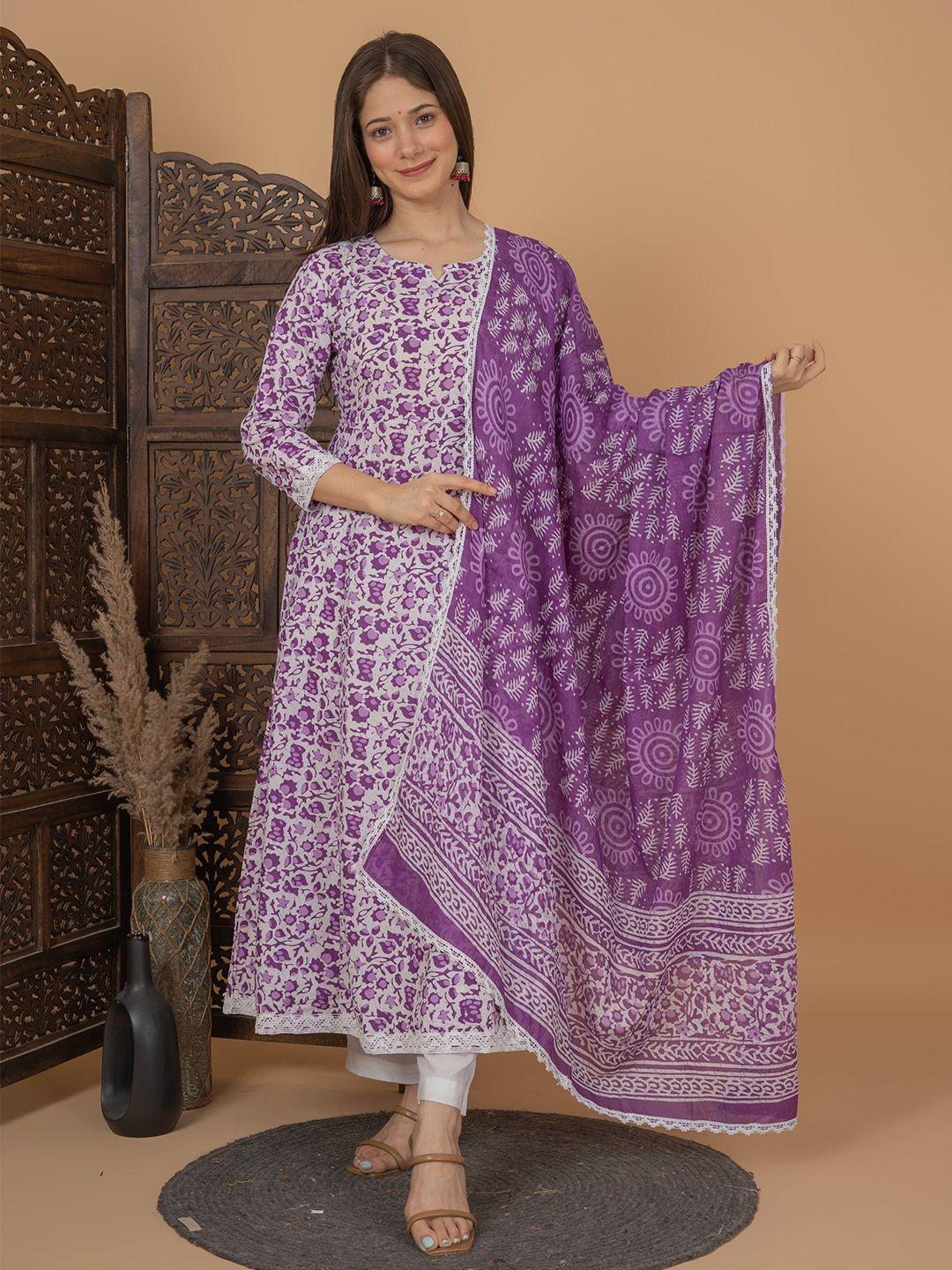 meera fab floral printed thread work pure cotton kurta with trousers & dupatta