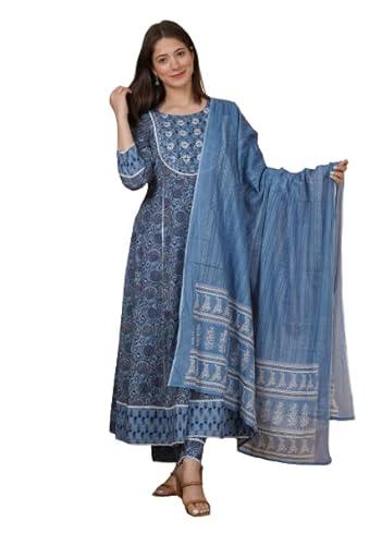 meera fab women's cotton anarkali embrodriey printed kurta with palazzo & dupatta set, grey