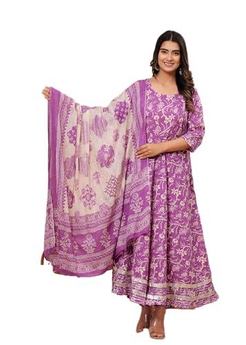 meera fab women's cotton printed anarkali kurta with palazzo & dupatta set with dori, medium,multi