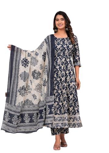 meera fab women's cotton printed anarkali kurta with palazzo & dupatta set with dori grey