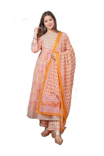 meera fab women's cotton printed anarkali kurta with palazzo & dupatta set with handwork