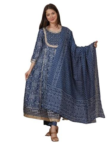 meera fab women's cotton printed bandej anarkali kurta with palazzo & dupatta set with handwork, blue medium