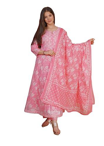 meera fab women's cotton printed embrodriery anarkali kurta with palazzo & dupatta set (xx-large), pink