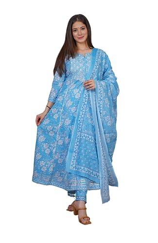 meera fab women's cotton printed embrodriery anarkali kurta with palazzo & dupatta set (xxx-large), sky blue