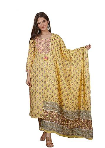 meera fab women's cotton printed green printed straight embroidery kurta with palazzo & dupatta set, medium