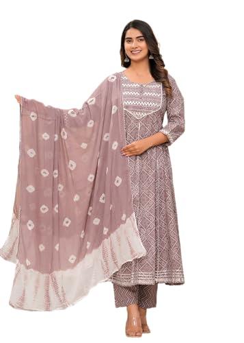 meera fab women's cotton printed grey anarkali kurta with palazzo & dupatta set