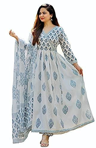 meera fab women's cotton printed kurta with palazzo & dupatta set, blue medium